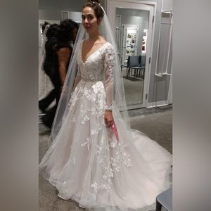 Illusion Sleeve Plunging Ball Gown Wedding Dress